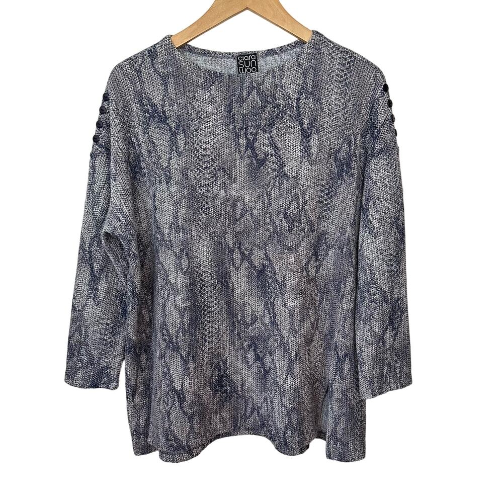 Clara Sun Woo Womens Tunic‎ Top Medium Buttons Blue Animal Print Stretch Snake